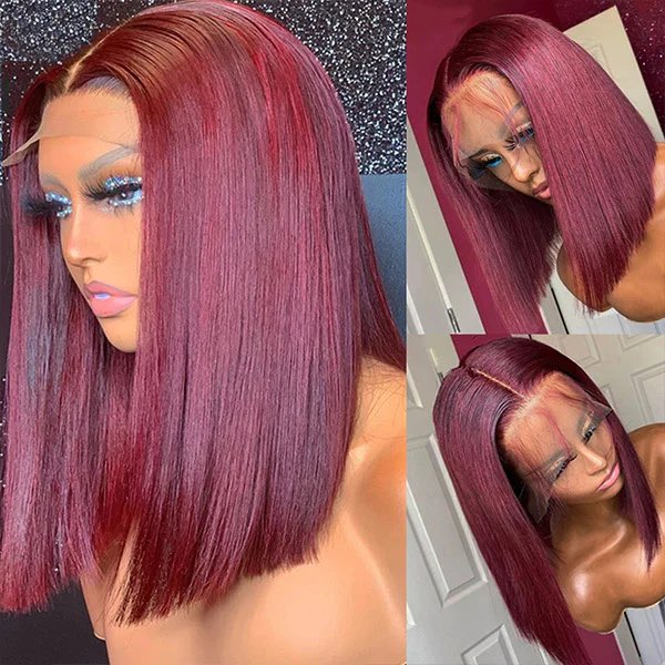 Straight Bob 13×4 Lace Wig – 180% Density 99J Burgundy Human Hair