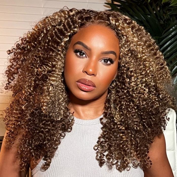 Kinky Curly Wig Piano Color,13x4 Lace Frontal Wig-180% Density Honey Blonde